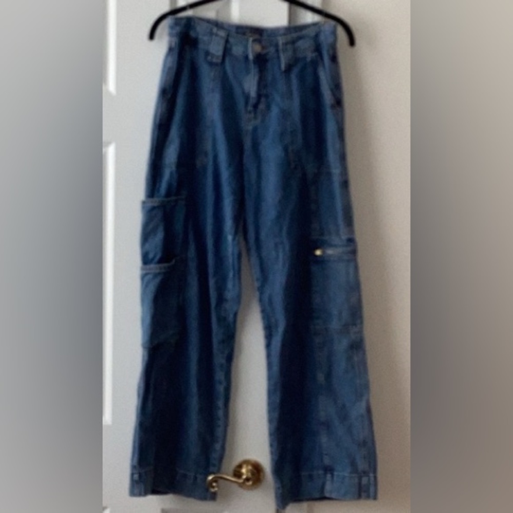 Wild Fable wide leg high rise cargo blue denim jeans utility casual Baggy 4